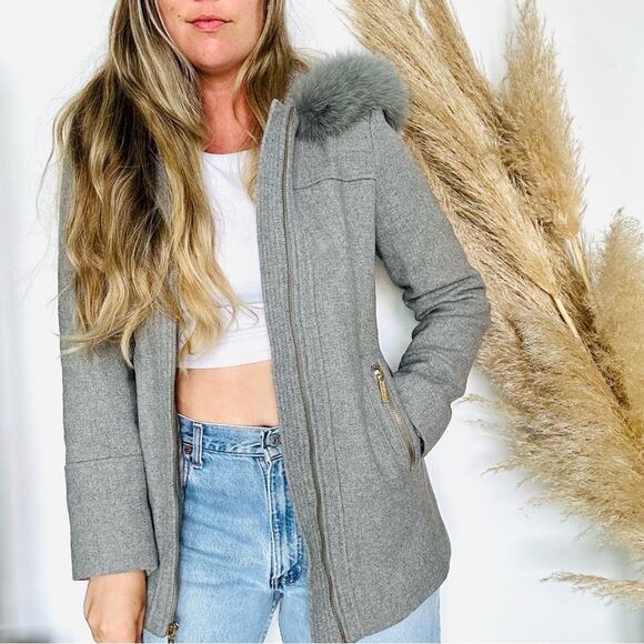 MK MICHAEL KORS Grey Wool Rabbit Fur Hood Gold Zipper Pockets Jacket Pea Coat 2 - Picture 1 of 13
